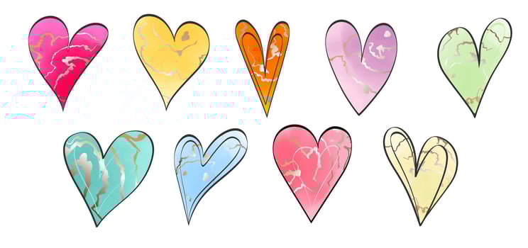 Set of multicolored watercolor decorative hearts with gold veins isolated on white background. Collection of hearts for decorating wedding cards, valentines, holiday greetings. Vector. vector