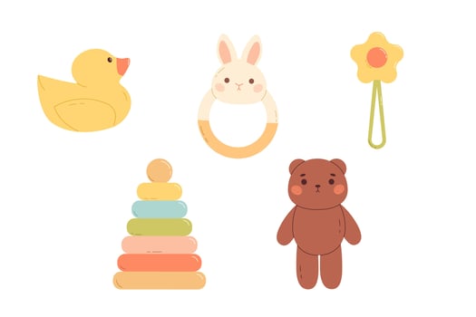 Baby toys. Teddy bear, rubber duck, rattle and pyramid toy. Flat vector isolated illustration