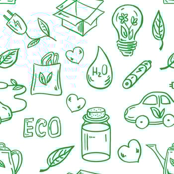 Ecology seamless pattern. Hand-drawn doodle vector illustration. Ecology problem, recycling and green energy icons. Environmental symbols.