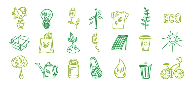 Set of ecology. Hand-drawn doodle vector illustration. Ecology problem, recycling and green energy icons. Environmental symbols.