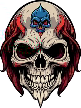 illustration of a red-haired skull with another blue skull on its forehead. vector