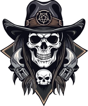 cowboy skull with hat, a smaller skulls and two side guns. vector