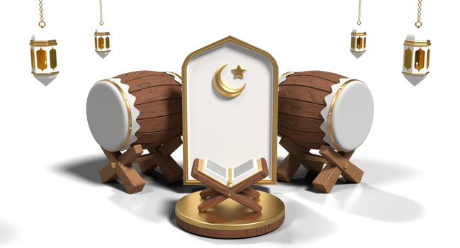 Ramadan kareem with podium quran and islamic decoration. Round podium stage, lantern, mosque ornament and quran. 3D rendering png