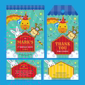 Birthday invitation set with cute circus animals vector