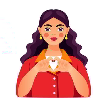 Happy european girl shows a heart symbol with her hands. A young woman holds her hands in the shape of a heart. Concept for International Womens Day, Valentines Day, love. Vector illustration.