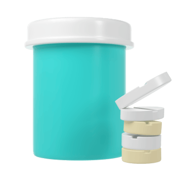 3d pill bottle medical icon with pills pharmacy render. Turquoise plastic supplement jar. Protein vitamin capsule packaging, large powder blank remedy cylinder pharmaceutical drugs health png