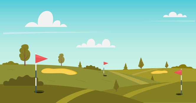 Golf course nature landscape, green grass, pole flag, hole for ball and trees under blue sky with bright sun shining. Place for tranquil recreational sport, Cartoon background, vector illustration