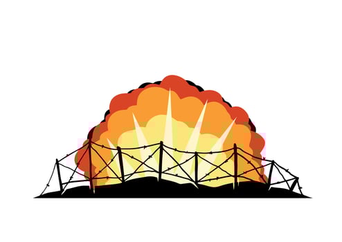 Barbed wire. Scenery of modern military conflict. Comic boom explosion. Big cartoon fireball. Fire bang and exploding. Silhouette of military barricades. Defensive fortifications. vector