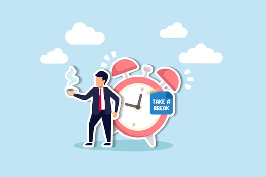 Take a break, enjoy a coffee to relax and refresh, escaping boredom, sleepiness, and fatigue from long intervals of stress concept, relax businessman with a cup of coffee or tea with alarm clock. vector