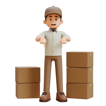 3D Delivery Man Character Pointing Downward with Parcel Box png