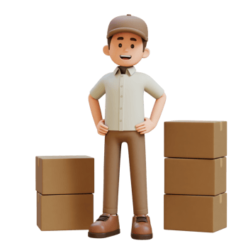 3D Delivery Man Character Standing with Hand on Hip with Parcel Box png