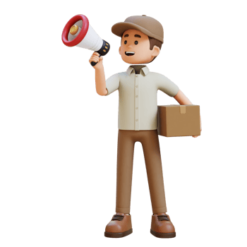 3D Delivery Man Character Holding Megaphone with Parcel Box png