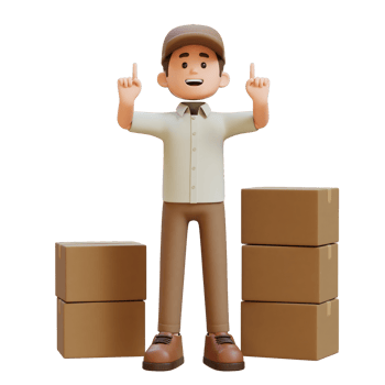 3D Delivery Man Character Pointing Upward with Parcel Box png
