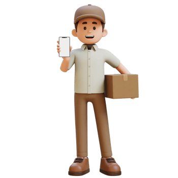 3D Delivery Man Character presenting Empty Phone Screen and Carrying Parcel Box png