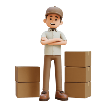 3D Delivery Man Character Crossed Arms Pose with Parcel Box png