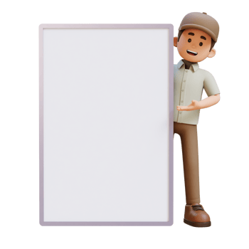 3D Delivery Man Character Presenting on Blank Placard png