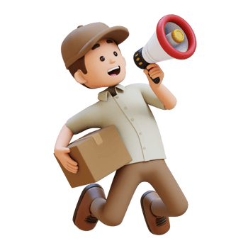 3D Delivery Man Character Holding Megaphone with Parcel Box png
