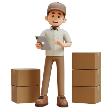 3D Delivery Man Character working on Tablet with Parcel Box png