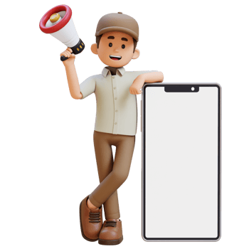 3D Delivery Man Character Holding Megaphone and Lying on Big Empty Phone Screen with Parcel Box png