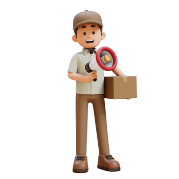 3D Delivery Man Character Holding Megaphone with Parcel Box png