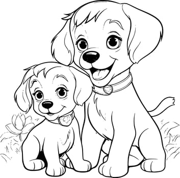 Cute Mother Dog And Puppy Coloring Page Drawing For Kids vector