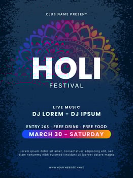 Holi party poster design. Holi celebration flyer design with colorful holi powder. Indian Festival of Colors. Vector illustration