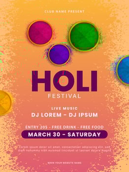 Holi party poster design. Holi celebration flyer design with colorful holi powder. Indian Festival of Colors. Vector illustration
