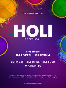 Holi party poster design. Holi celebration flyer design with colorful holi powder. Indian Festival of Colors. Vector illustration