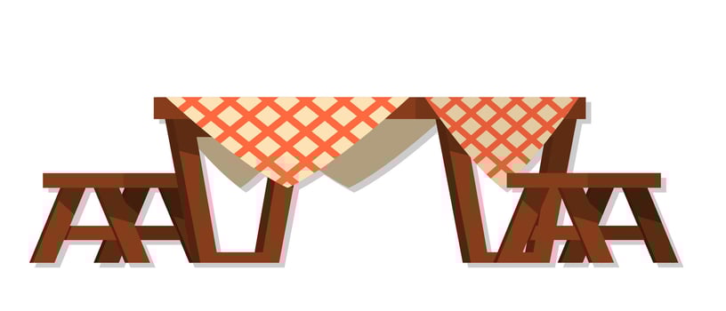 Wood dinning table with tablecloth and chairs cartoon illustration vector