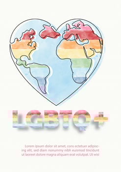 World map in line art and heart shape with rainbow colors and wording of LGBTQ, example texts on white paper pattern background.  Poster of LGBT Pride month in vector design