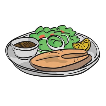 Grilled salmon plate or cooked tuna steak illustration vector hand drawn isolated on white background