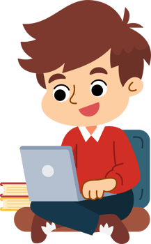 The cute boy is relaxing and enjoying using the computer laptop. Flat style cartoon illustration. png