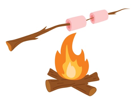 Marshmallows roast on campfire, bonfire camping with frying sweet food. Marshmallow on a stick. Vector Cartoon illustration isolated on the white background