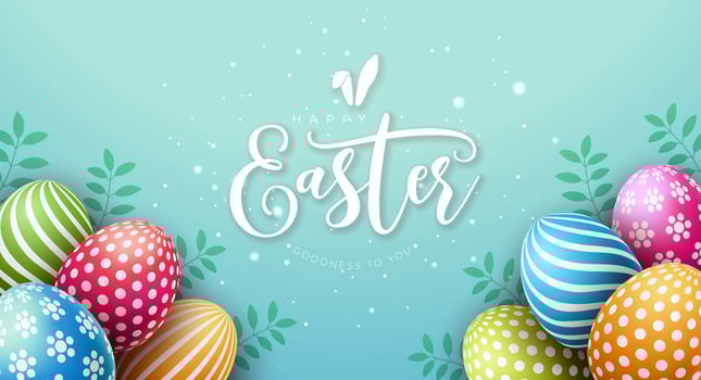 Vector Illustration of Happy Easter Holiday with Painted Egg and Green Leaves on Blue Background. International Religious Celebration Design with Typography Lettering for Greeting Card, Party