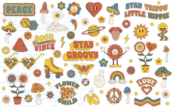 Groovy set. Groovy hippie 70s set. Sticker pack in trendy retro psychedelic cartoon style. Isolated vector illustration.