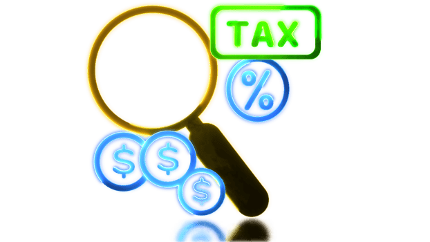 Looping neon glow effect tax and financial audit magnifying glass icon png