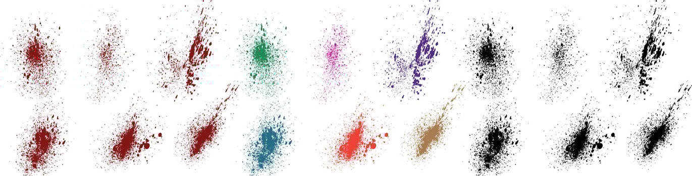 Splash collection of blood paint texture brush stroke black, green, red, purple, blue, pink color drop background vector