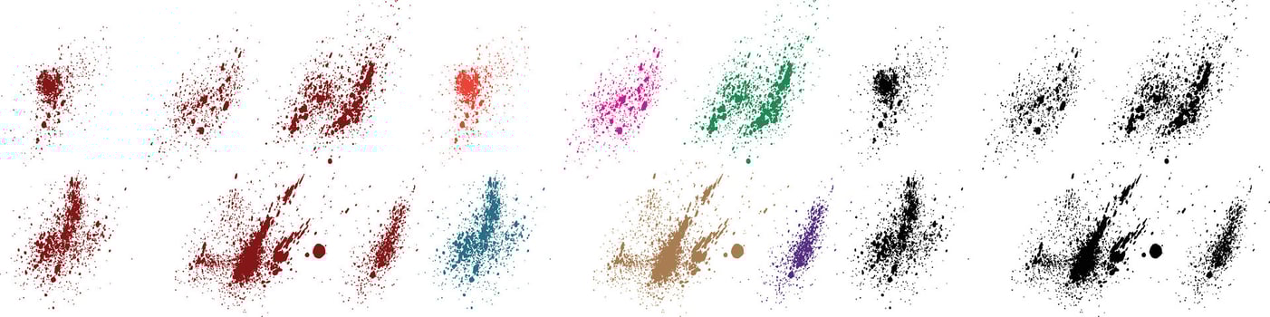 Accident blood green, pink, purple, red, black, blue color grunge vector brush pack background set