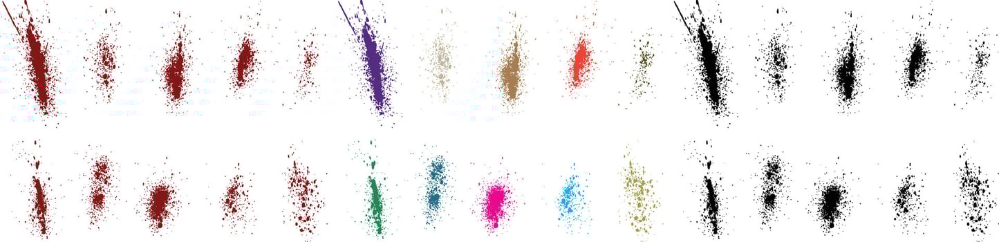 Collection of blood hand-painted red, orange, green, purple, wheat, black color vector brush stroke bloodstain splatter