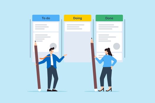 Business people review project progress on kanban board vector