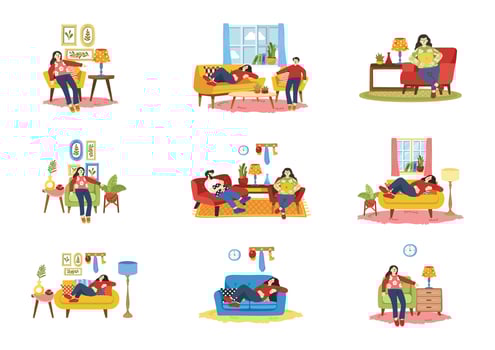 tired people laying down on couch collection flat style vector