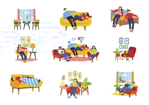tired people laying down on couch collection flat style vector