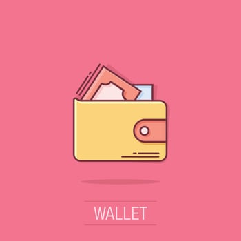 Wallet icon in comic style. Purse cartoon vector illustration on isolated background. Finance bag splash effect business concept.