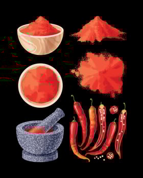 Vector set of chili peppers and powder