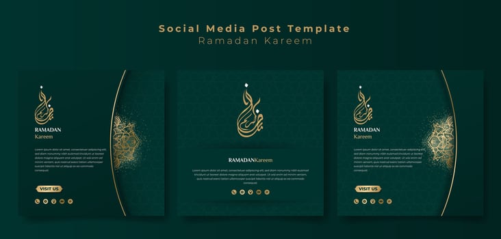 Set of social media post template in gold green background with arabic calligraphy for ramadan kareem campaign. arabic text mean is ramadan kareem. Islamic background with gold and green design vector