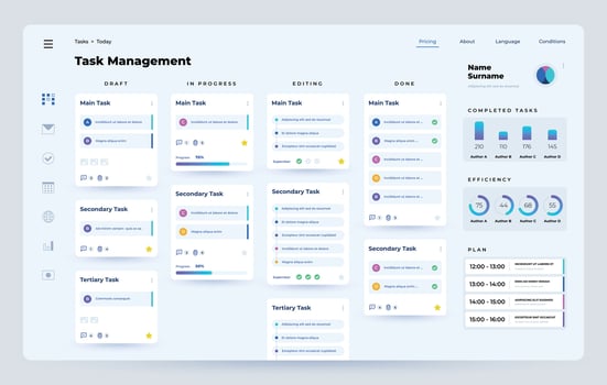Task manager. Planner and organizer application dashboard UI with task performance process, time management web app. Vector template