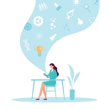 Science learning. Woman sitting at table in blue lab coat doing scientific experiments. Female character holding test tubes and flask vector