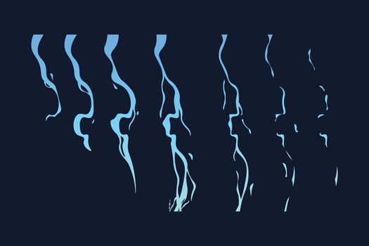 Lightning animation. Cartoon thunderbolt strike sprite frames for 2D game, electric ground attack clipart asset. Vector thunderstorm magic energy motion set