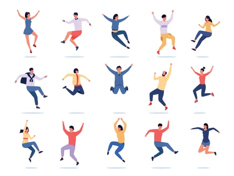 Jumping people. Happy young characters express emotions, teen group in colorful trendy clothes. Vector joyful flying persons in motion, male and female avatars