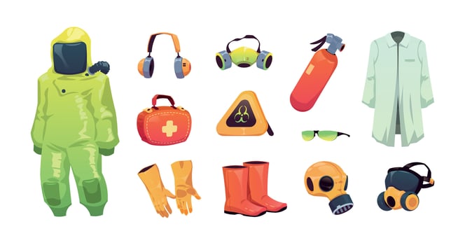 Protective equipment. Safety work and personal security tools and clothes, scientists and medical chemical protection. Vector uniform mask and gloves set